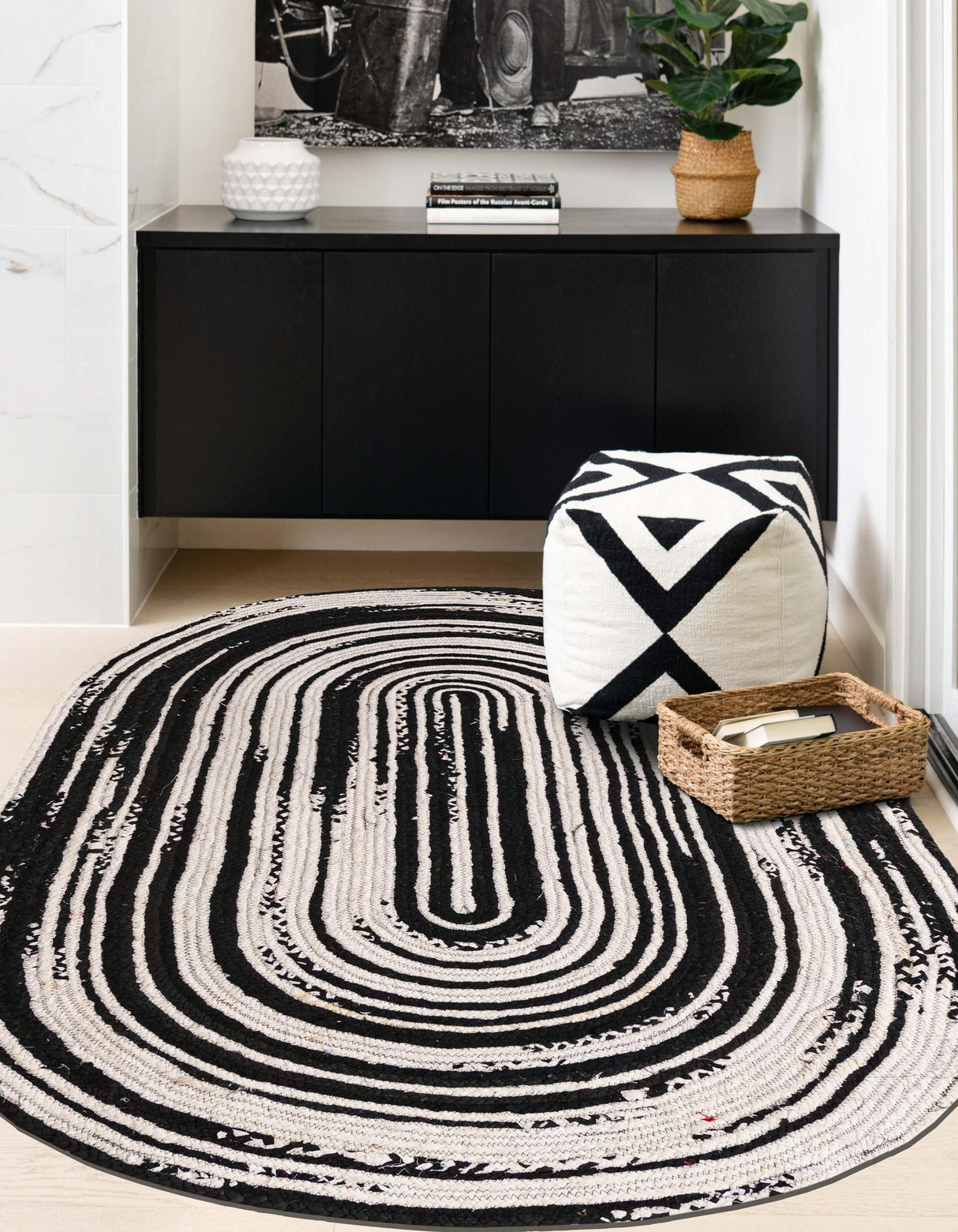 Black and White Hand Braided Chindi Rug