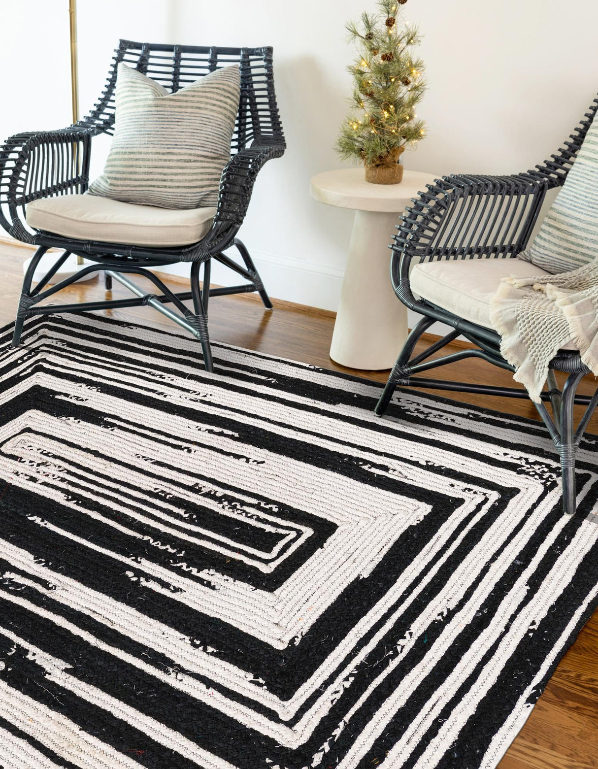 Black and White Hand Braided Chindi Rug