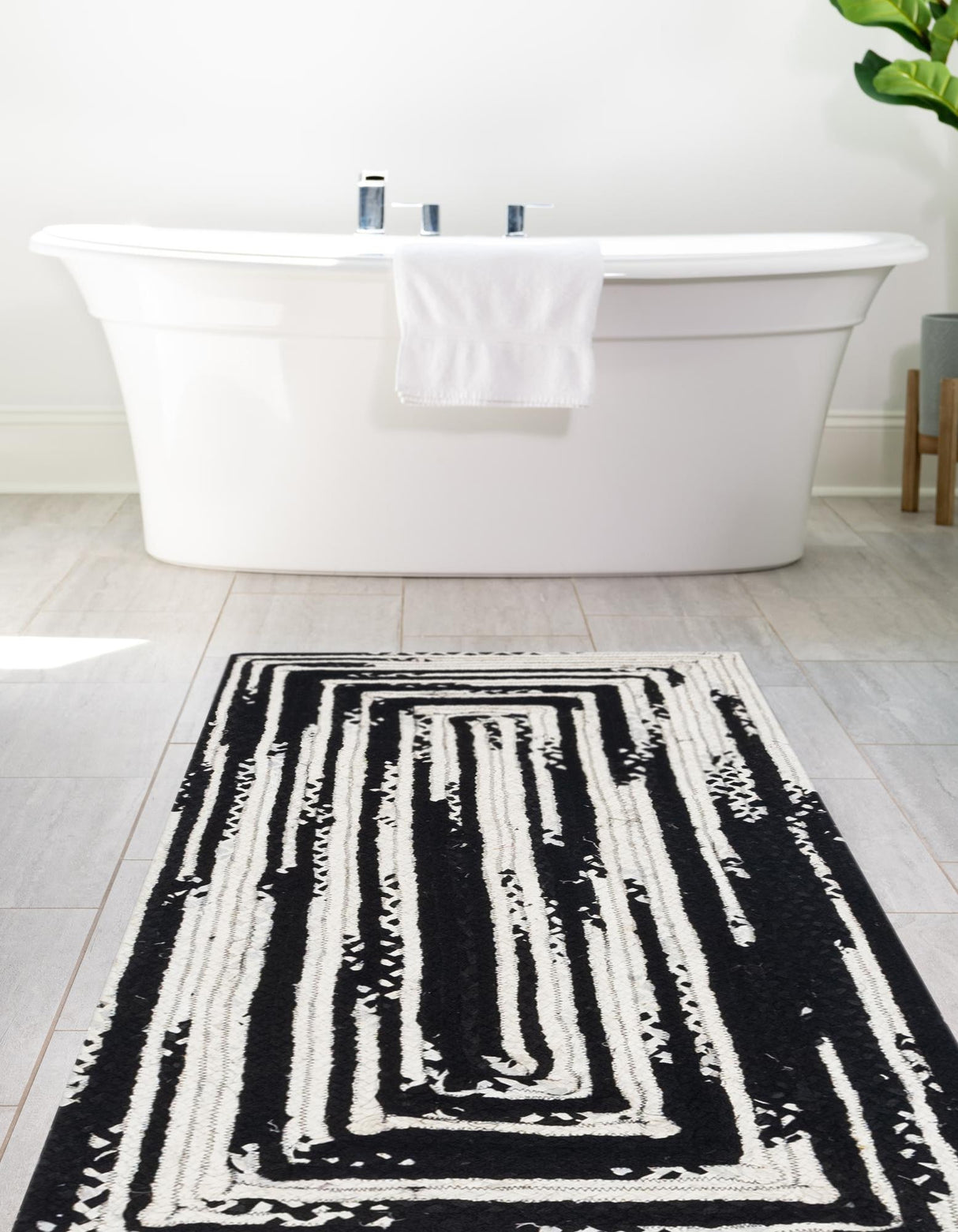 Black and White Hand Braided Chindi Rug