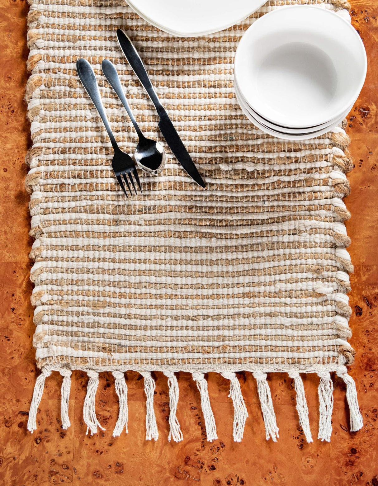 Jute and cotton hearth rug, Hand Woven Chindi Jute Table Runner Rug