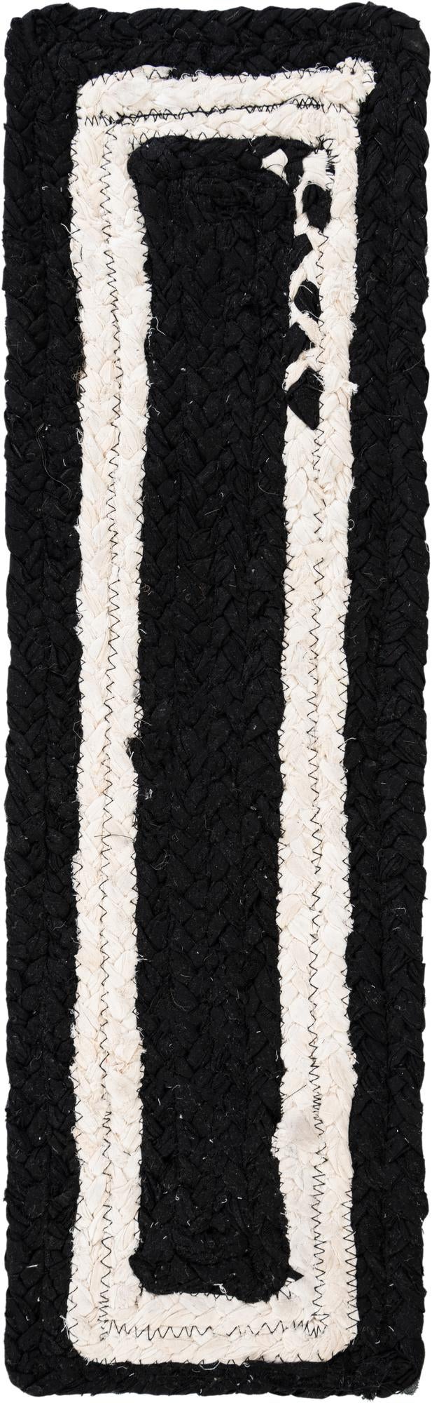 0' 9 x 2' 6 Hand Braided Black and White Chindi Stair Tread Rug