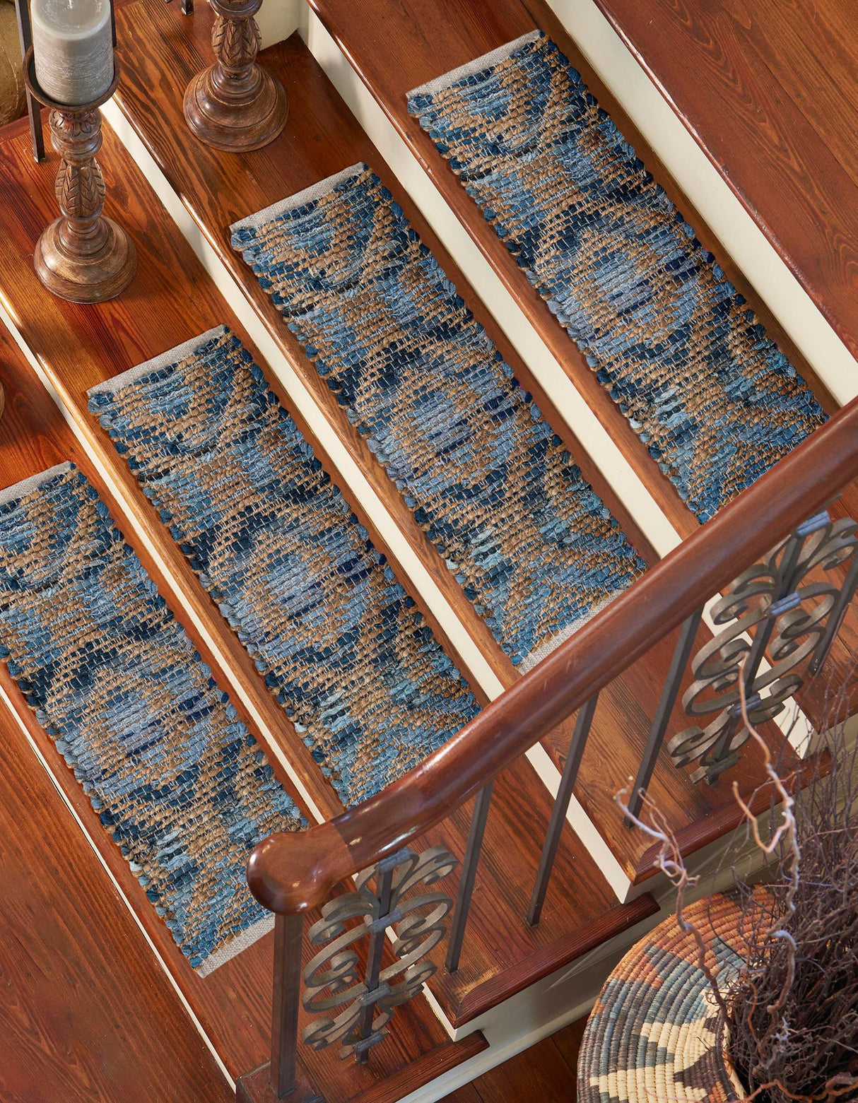 0' 9 x 2' 6 Hand Woven Chindi Jute Stair Tread Rug, Jute and cotton hearth rug