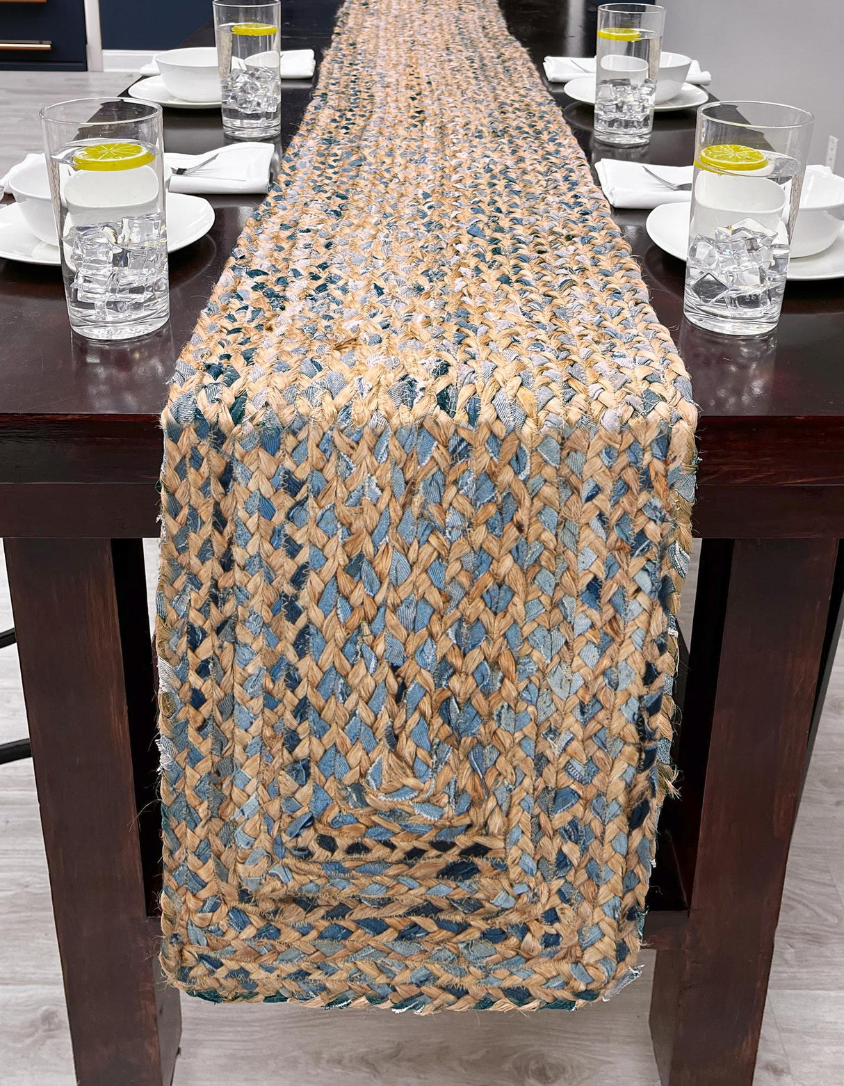 Hand Braided Chindi Blue Table Runner Rug