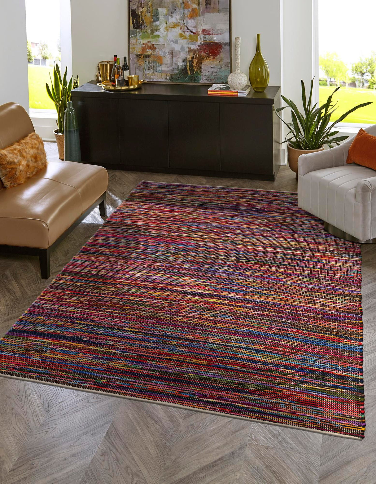 Boho Cotton Jute Rug, Hand Woven Chindi Cotton Rug