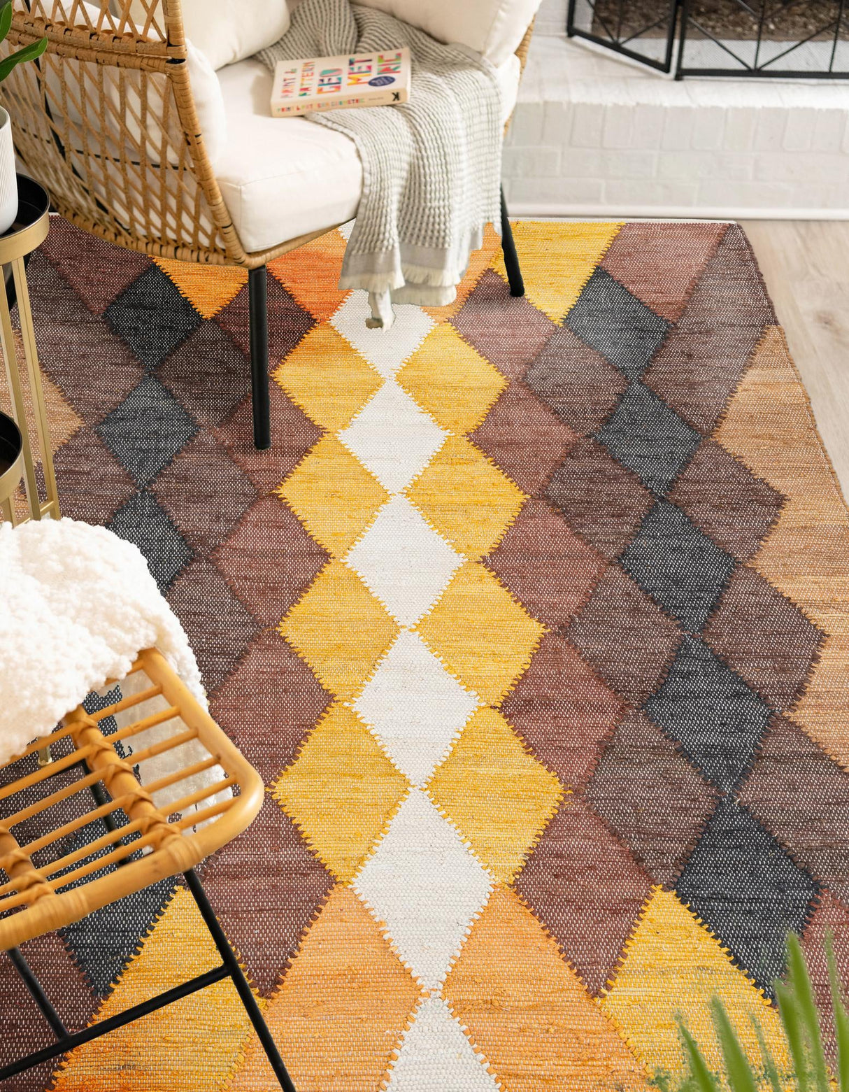 Brown Yellow Black Hand Braided Chindi Cotton Rug