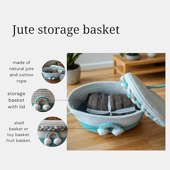 Cute Jute Basket with Lid Storage | Designer Baskets | Storage/Shelves Baskets