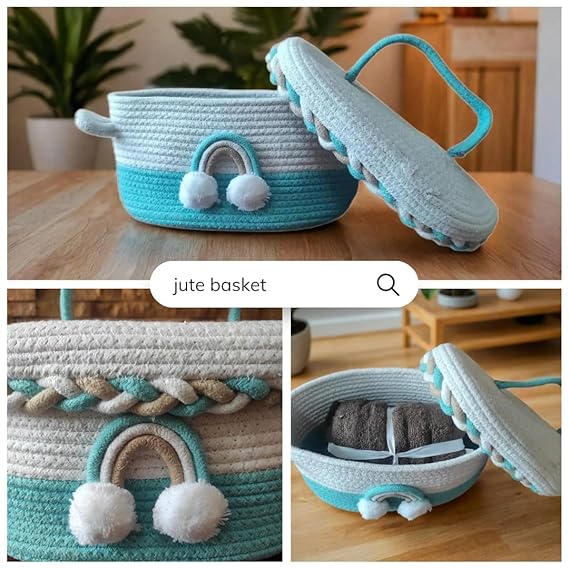 Cute Jute Basket with Lid Storage | Designer Baskets | Storage/Shelves Baskets