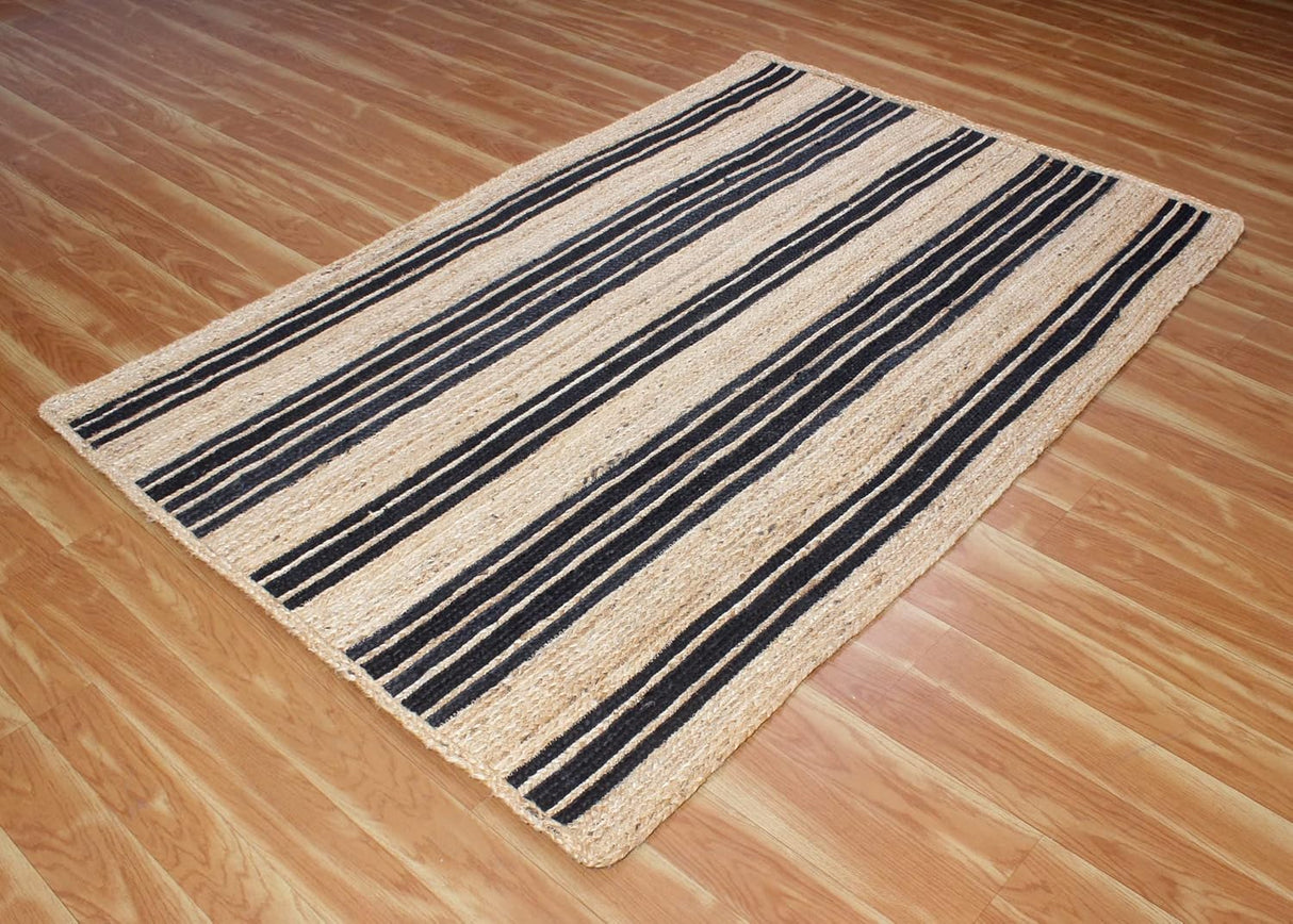 Indian Hand Braided Rug Geometric Black & Beige Jute Rug for Home/Office