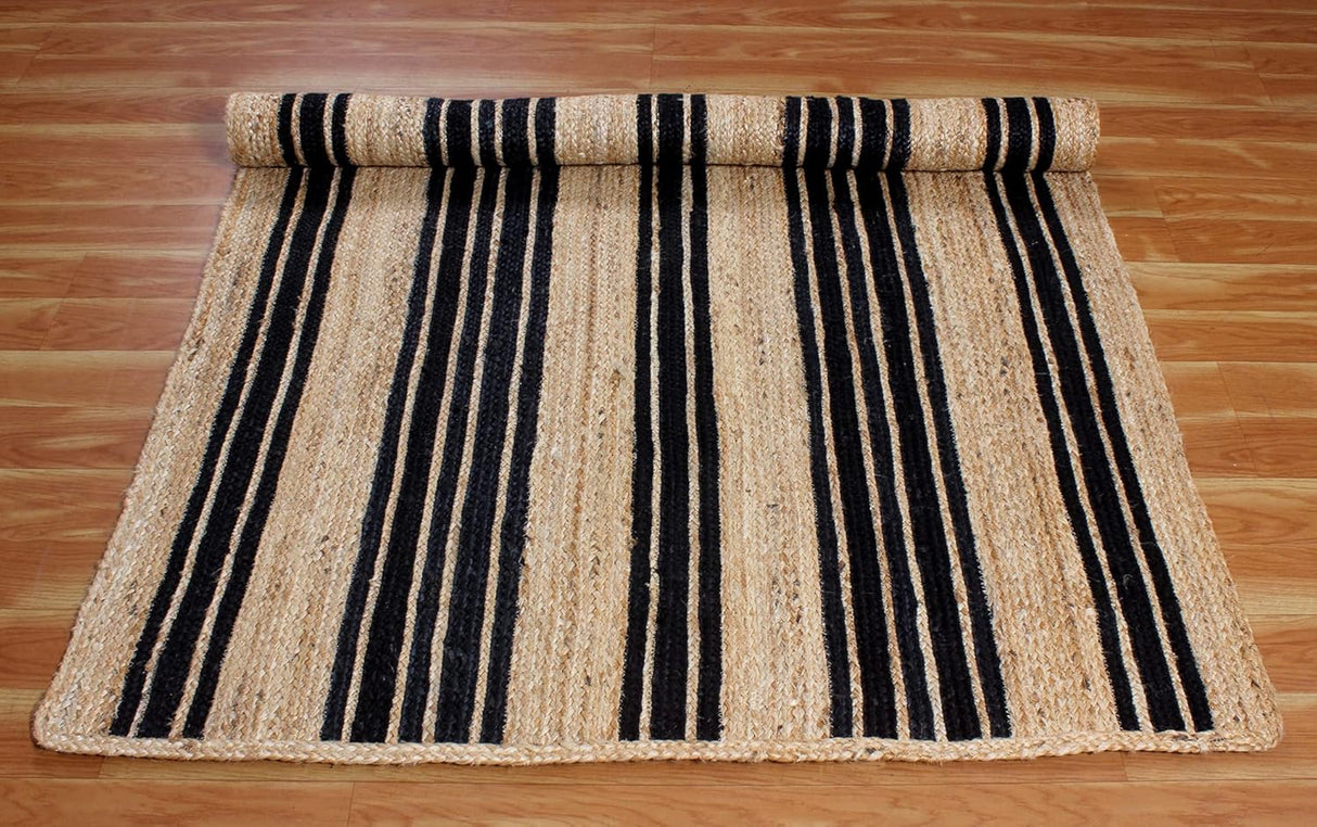 Indian Hand Braided Rug Geometric Black & Beige Jute Rug for Home/Office