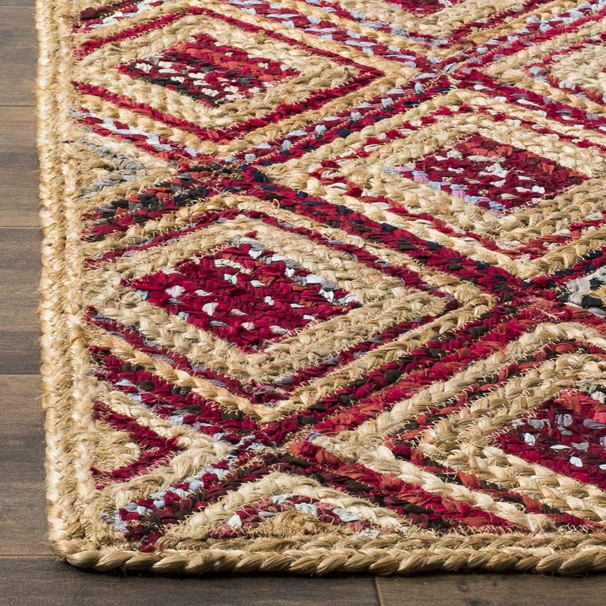 Natural-Red Diamond Braided Jute Rug For Living Room