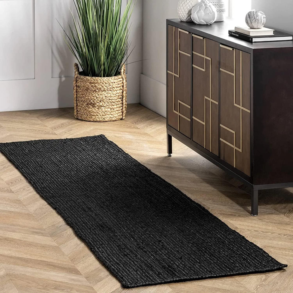 Tapis en jute noir bohème tressé à la main en jute naturel 