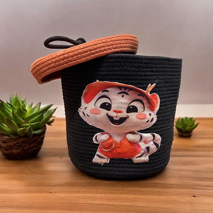 Kids Lid Basket with Beautiful Characters - Rope Storage Basket for Baby Diaper,Cutee