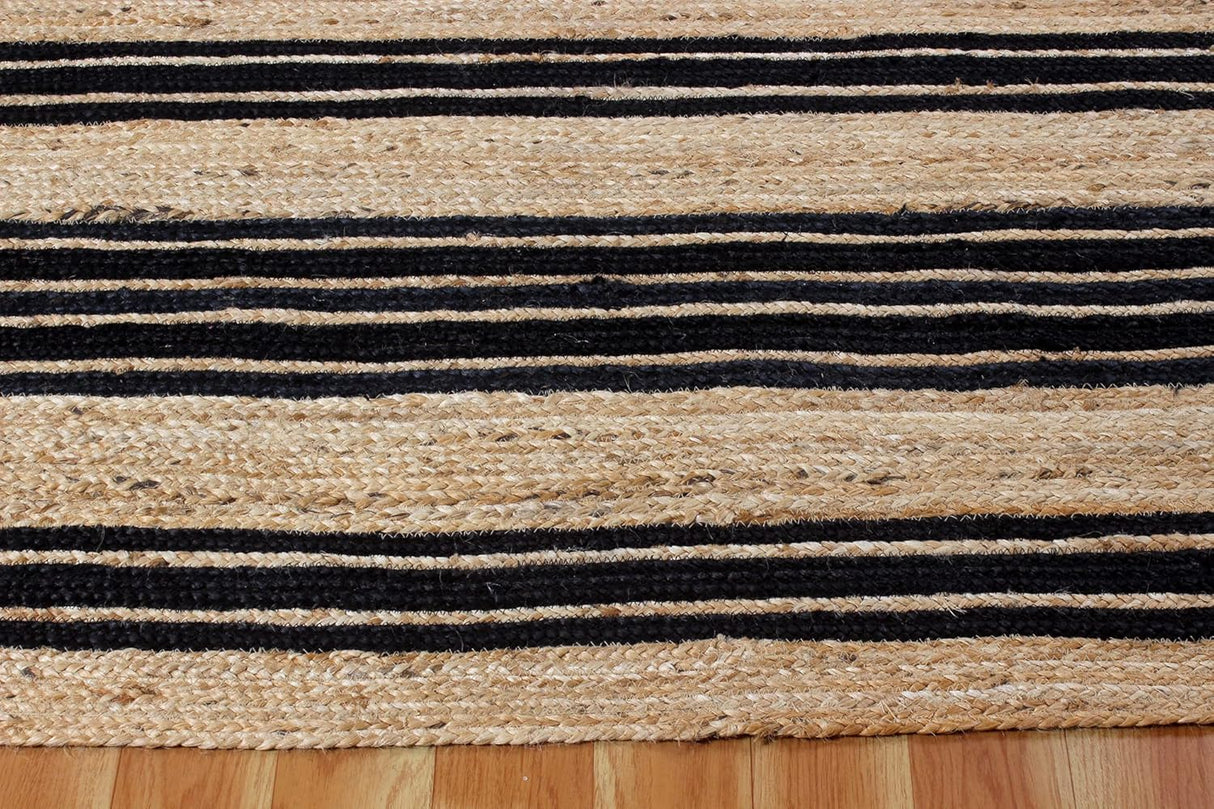 Indian Hand Braided Rug Geometric Black & Beige Jute Rug for Home/Office