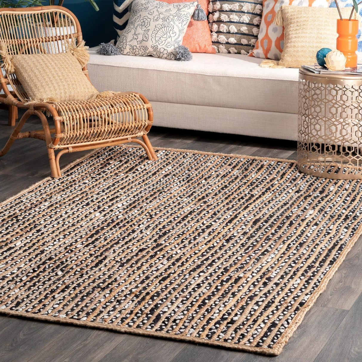 Black & White Cotton-Jute Braided Natural Jute Rugs