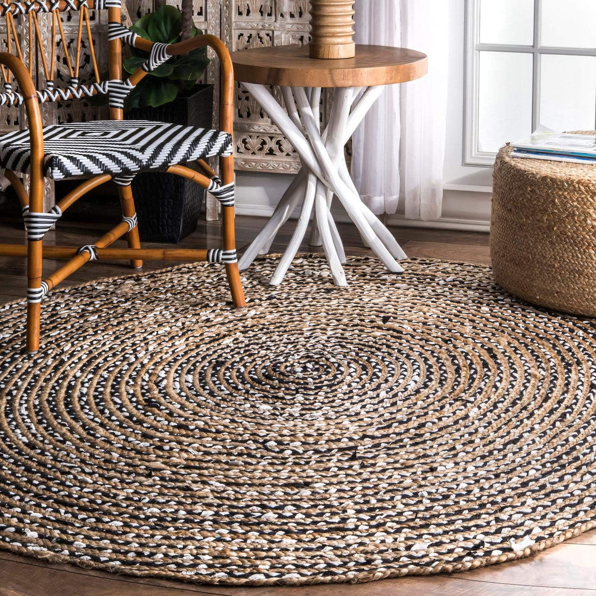 Black & White Cotton-Jute Braided Natural Jute Rugs