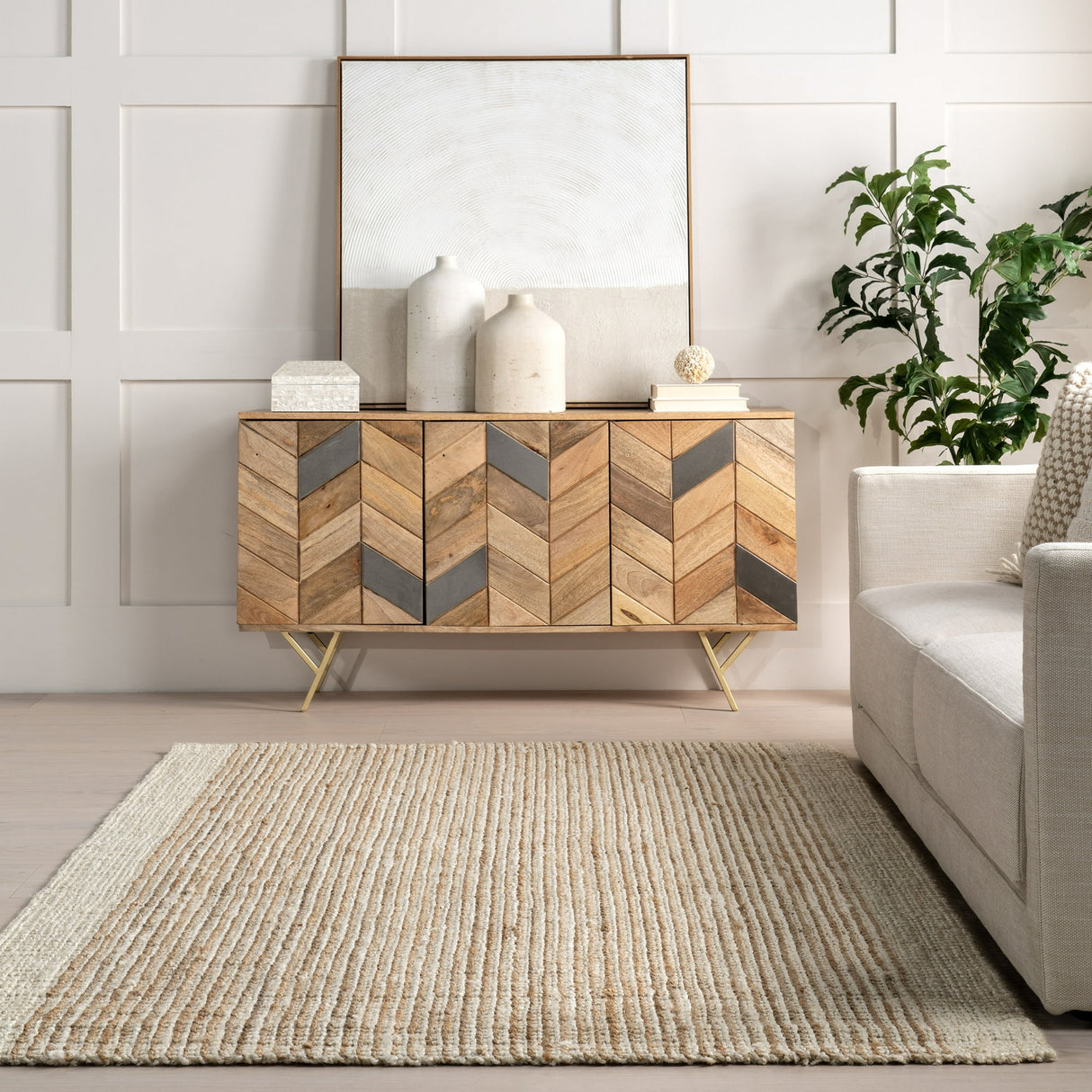 Ivory Classic Striped Border Jute Area Rug