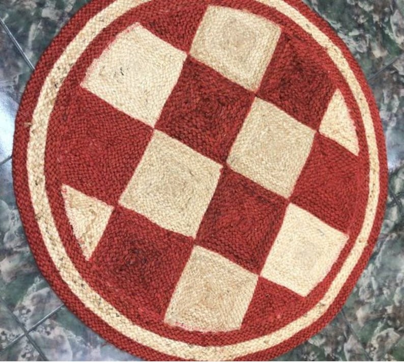 Natural Red & Beige Checkered Jute Rug