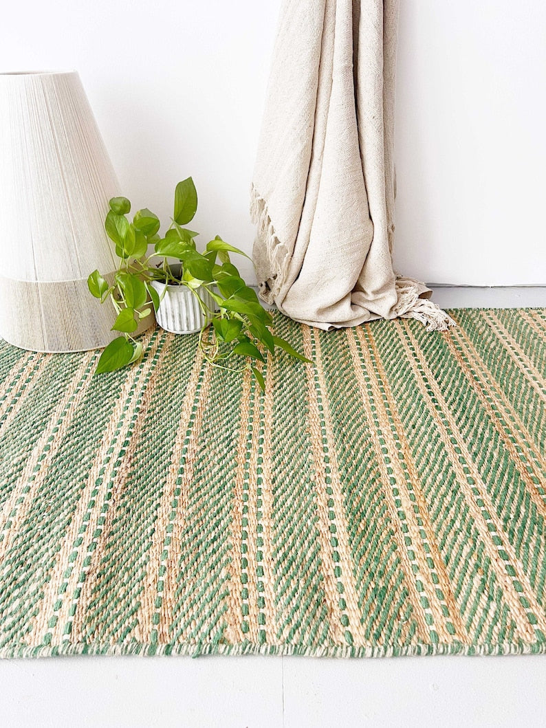 Green Wool And Jute Rug.Rug For Living Room Decor Rug