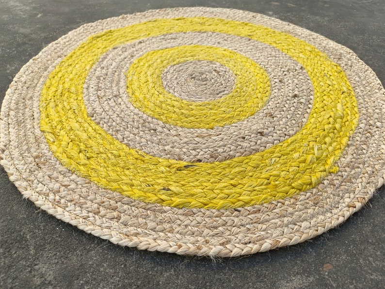 Handmade Jute Beige & Yellow Rug, Jute Round Rug, Natural Fiber Rug