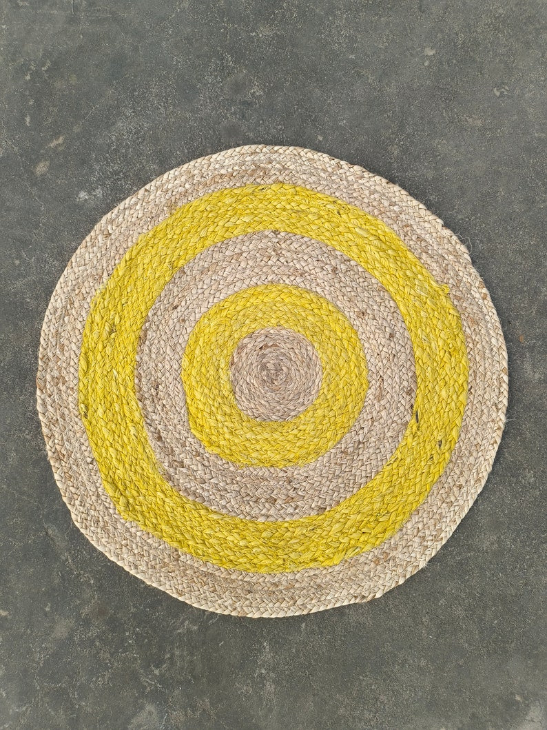 Handmade Jute Beige & Yellow Rug, Jute Round Rug, Natural Fiber Rug