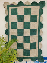 Checkered green & Natural Rug,Jute Braided scalloped rug