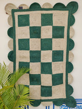 Checkered green & Natural Rug,Jute Braided scalloped rug