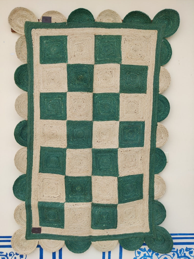 Checkered green & Natural Rug,Jute Braided scalloped rug