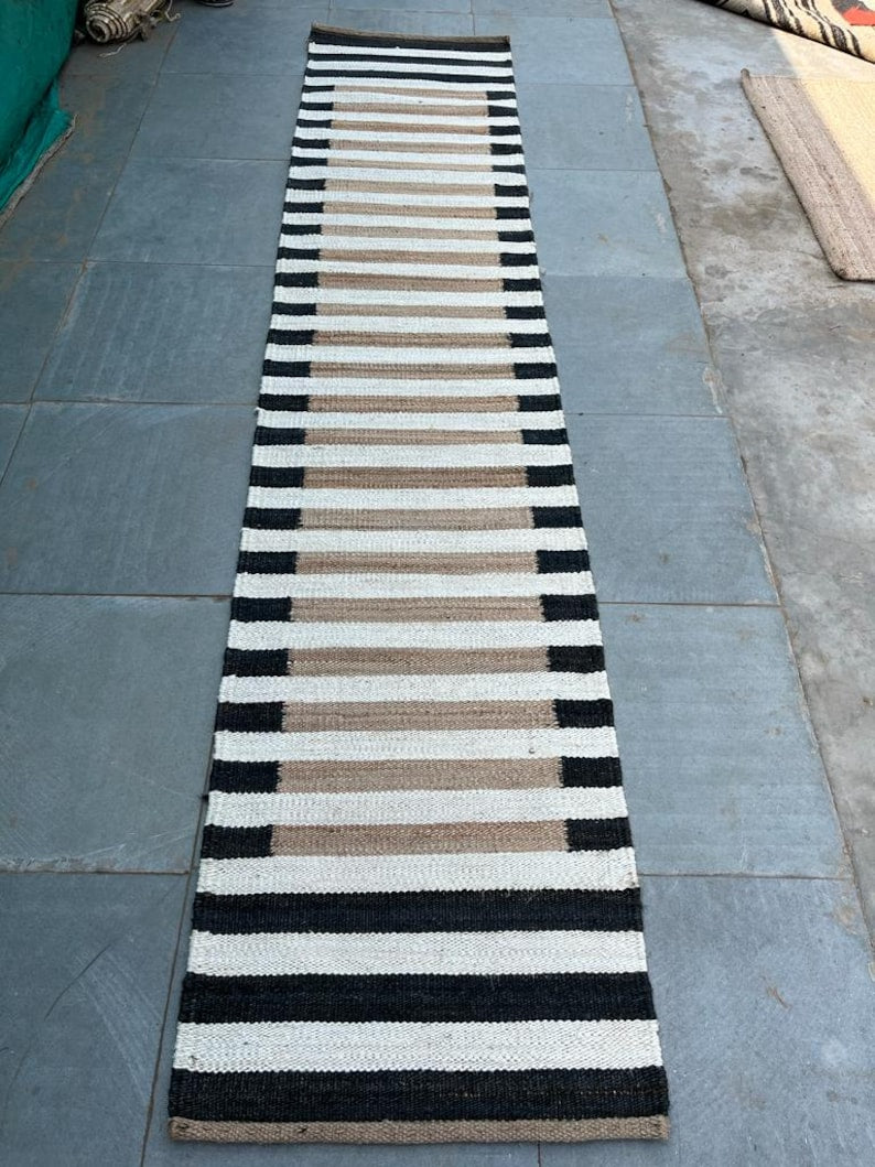 White Striped Hemp Stairs Jute Runner, Entryway Jute Runner