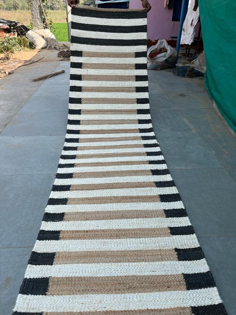 White Striped Hemp Stairs Jute Runner, Entryway Jute Runner