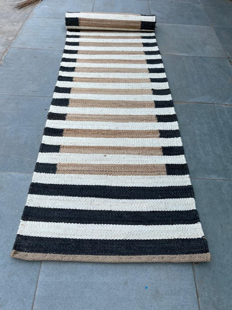 White Striped Hemp Stairs Jute Runner, Entryway Jute Runner