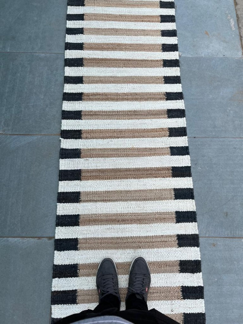 White Striped Hemp Stairs Jute Runner, Entryway Jute Runner