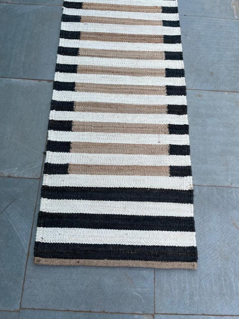 White Striped Hemp Stairs Jute Runner, Entryway Jute Runner