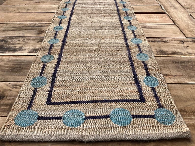 Sky Blue Cercal Natural Beige Black Border Stairs Jute Runners