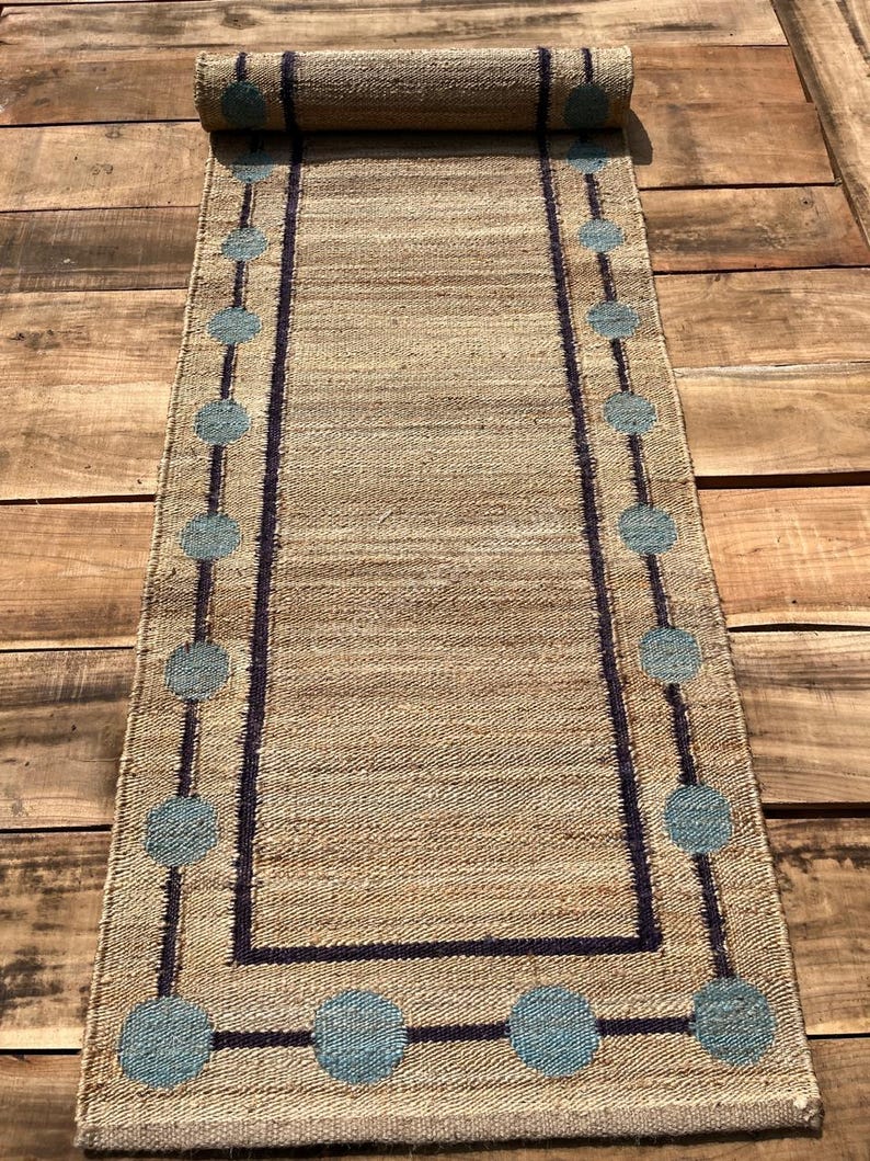 Sky Blue Cercal Natural Beige Black Border Stairs Jute Runners