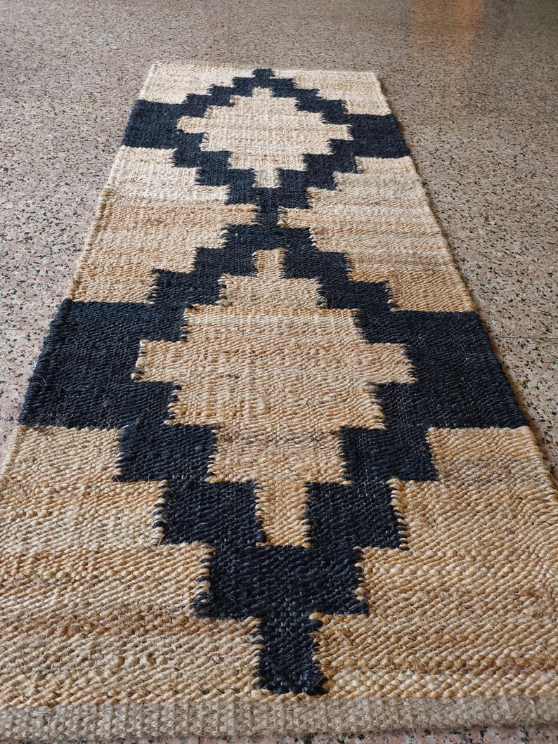 Geometric Patten Jute Runner Black and Begie