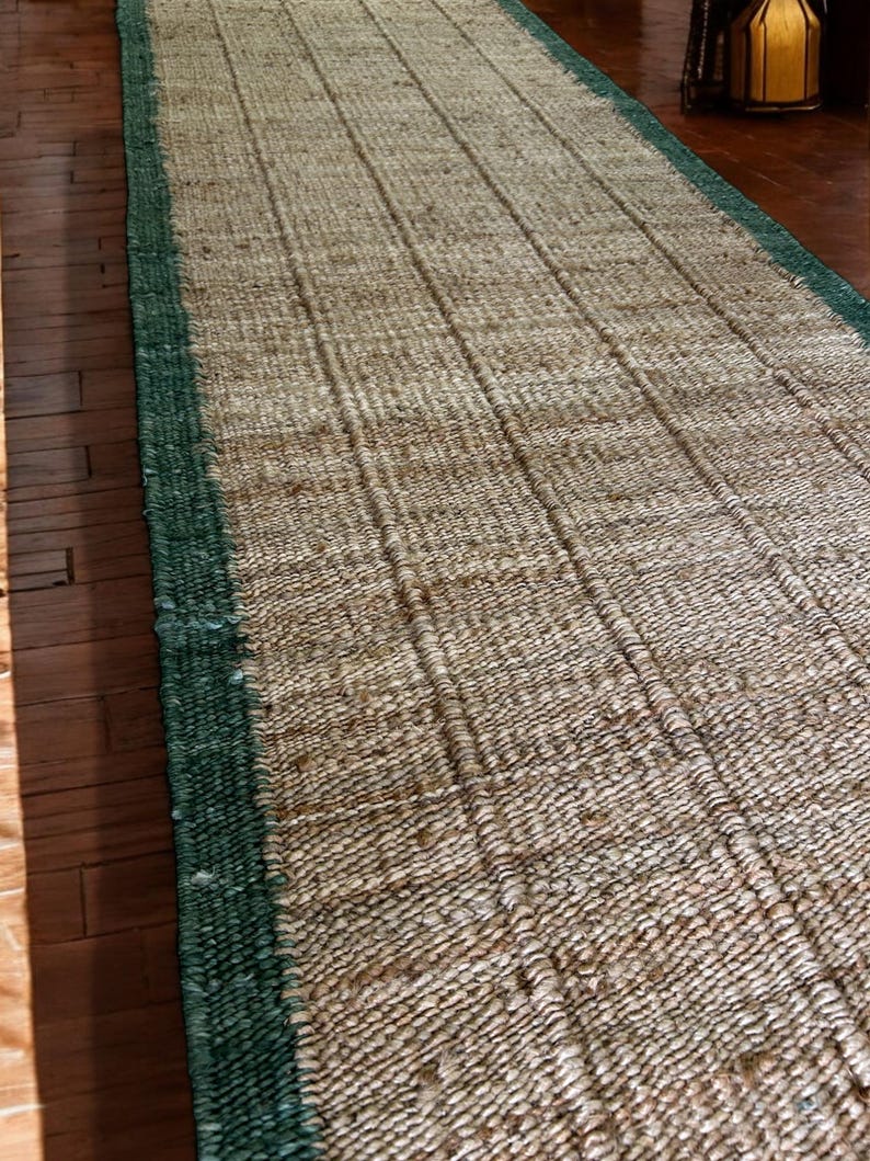 Beige Jute Runner Rug , Green Border & Beige Base