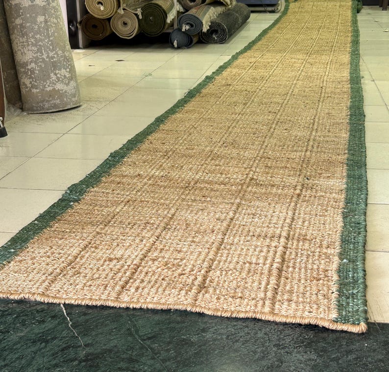 Beige Jute Runner Rug , Green Border & Beige Base