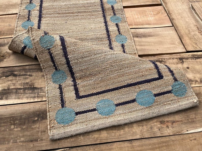 Sky Blue Cercal Natural Beige Black Border Stairs Jute Runners