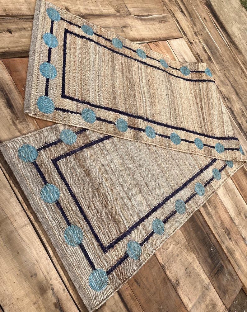 Sky Blue Cercal Natural Beige Black Border Stairs Jute Runners