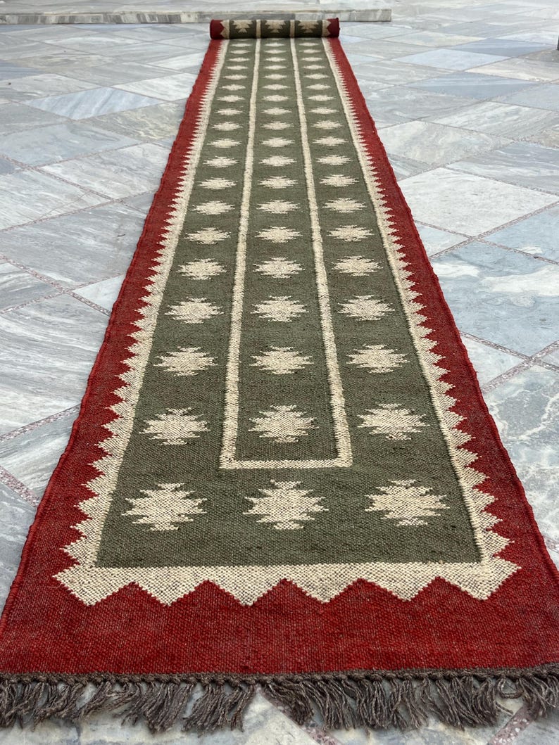 Earthy Tone Olive Green Staircase Runner Rug - Handwoven Jute Kilim