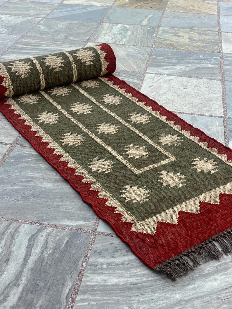 Earthy Tone Olive Green Staircase Runner Rug - Handwoven Jute Kilim