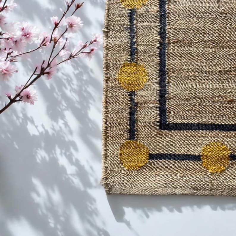 Yellow Dote Stair Jute Runner, handmade jute runner, outdoor runner, hallway runner rug