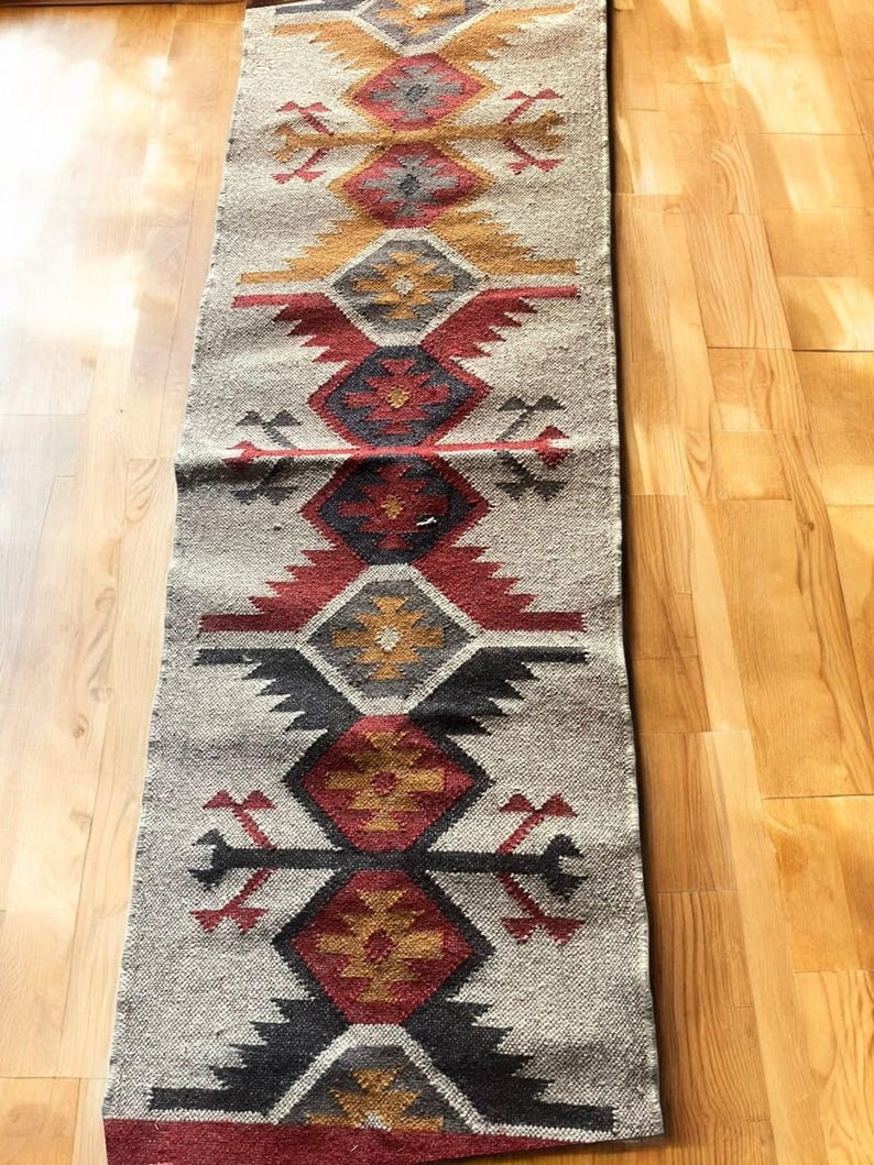 Handwoven Wool And Jute Runner,Bohemian Rug