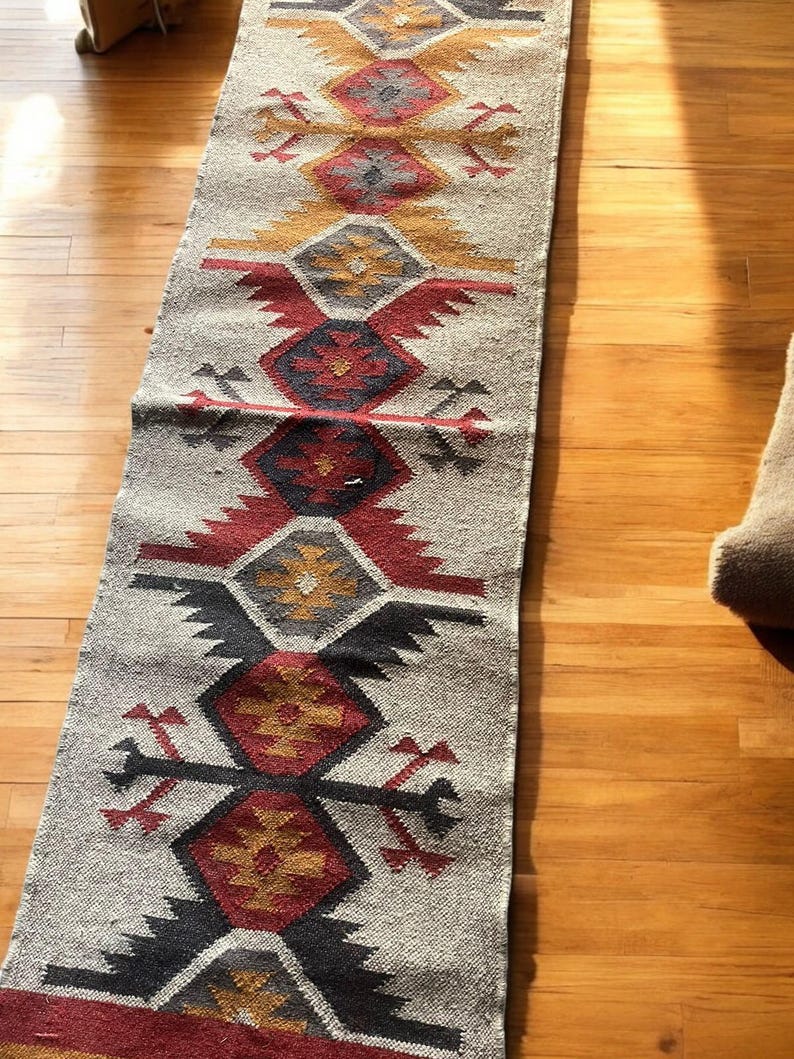 Handwoven Wool And Jute Runner,Bohemian Rug