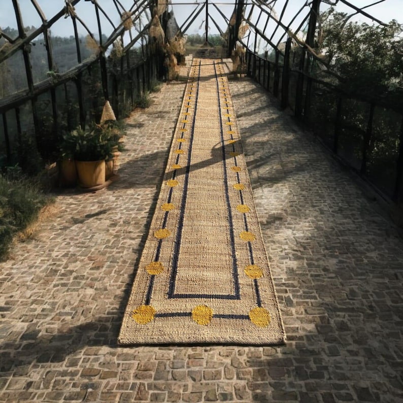 Yellow Dote Stair Jute Runner, handmade jute runner, outdoor runner, hallway runner rug