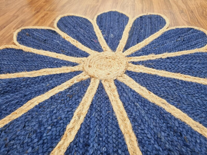 Flower Jute Rug Blue Hand Braided Jute Rug