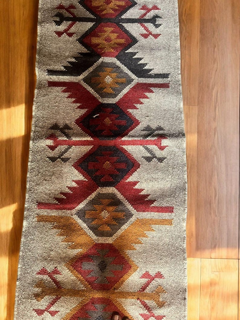 Handwoven Wool And Jute Runner,Bohemian Rug