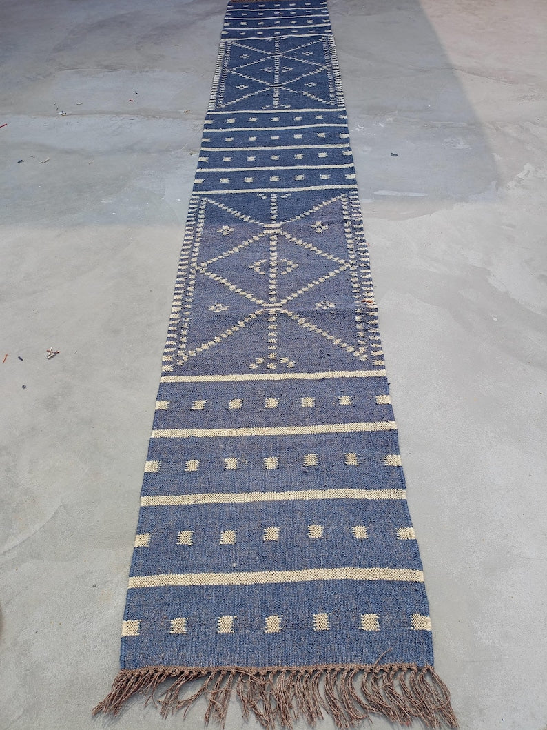 Handmade Blue Beige Kilim Runner Rug For Stair Décor