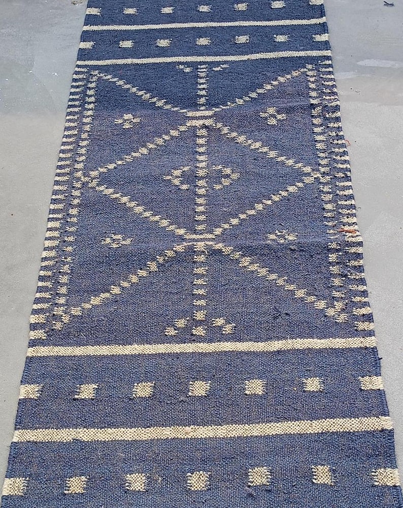 Handmade Blue Beige Kilim Runner Rug For Stair Décor