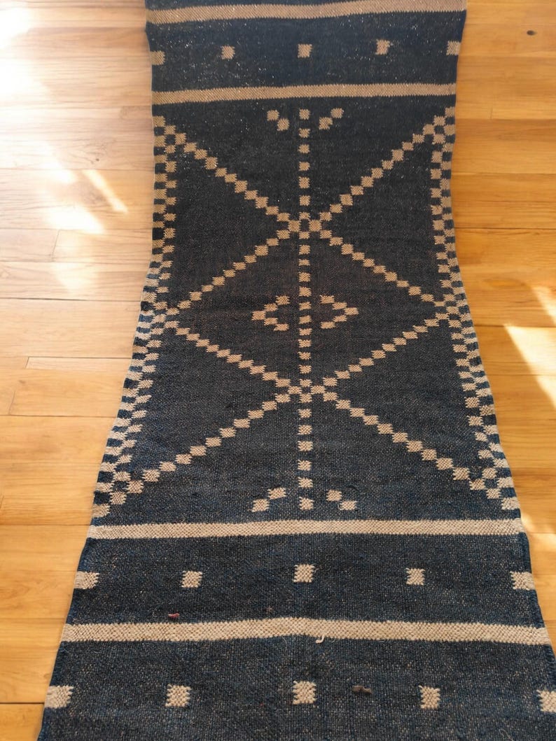 Handwoven Black  Wool And Jute Runner/Handmade Kilim Runner Rug For Stair Decor